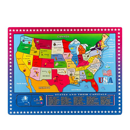 Wooden USA Map Puzzle, 46 Pieces US Map Puzzle for Kids, Educational Geography Puzzles United States Map Puzzle for Boys Girls Birthday Gift