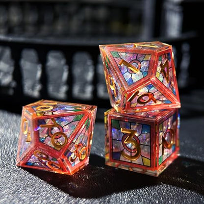 HAOMEJA Double Layered Resin Dice Set 7pcs/ Stained Glass Effect & Gold Numbers/Sharp Edged Polyhedral Dice/Apply to D&D/DND/Role Playing Game/RPG/Party Gift (Red Sky) - color: 1 Red Sky