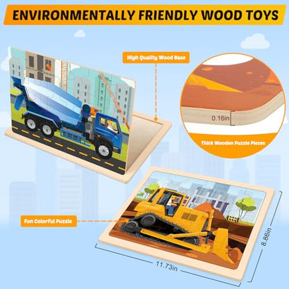 Wooden Puzzles for Kids Ages 4-6, 4 Packs 24 PCS Construction Vehicle Jigsaw Puzzles for Kids Ages 3-5, Preschool Educational Puzzles Boards Toys Gifts for Boys Girls - style: Vehicle