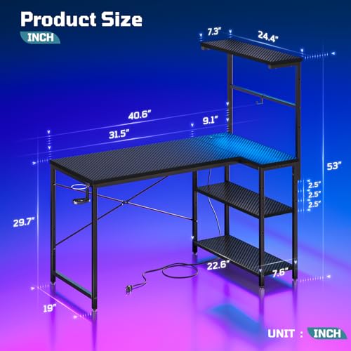 42" L-Shaped Gaming Desk with Power Outlets LED Lights, Black | Reversible Design, LED Lights, 4-Tier Storage Shelves, Headphone Hook, Foldable Cup Holder, Home Office, Small Space - color: Black, size: 42 Inch