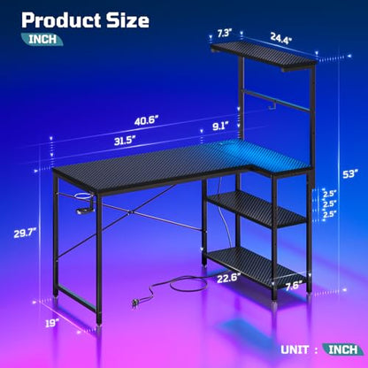 42" L-Shaped Gaming Desk with Power Outlets LED Lights, Black | Reversible Design, LED Lights, 4-Tier Storage Shelves, Headphone Hook, Foldable Cup Holder, Home Office, Small Space - color: Black, size: 42 Inch
