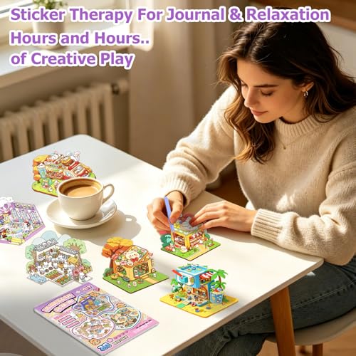 DIY 3D Scene Sticker Book, 20 Sets Sticker Scene Craft Kit with 26 Reusable PET Stickers & 2 Tweezers, Cute Kawaii Stickers Therapy for Adult Relief Stress Pass The Time, Creative Travel Toys Gift