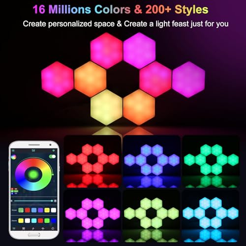Vcwtty Hexagon Light Panels with App, Music Sync, 6 Pack | RGB Gaming Lights, DIY Modular Design, Sensory Room, Game Room, Party, USB Powered, Wall Decor, Sound Activate - size: 3.8 inches
