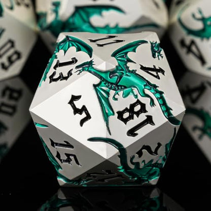 Sharp Edge Metallic DND Dragon Dice Set,Metal Polyhedral Dice with Dragon for Dungeons and Dragons RPG TTRPG D&D 7-Die Set with Gift Case Pearl Silver Transparent Green - color: Dragon-pearl Silver Transparent Green