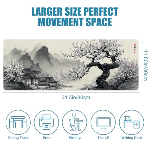 Large Mouse Pad for Desk, Gaming Mousepad XL Extended, Japanese Desk Mat Non-Slip Rubber Base, Big Computer Keyboard Mat Protector for Home&Office, 31.5x11.8in, Cherry Blossom - color: Cherry Blossom