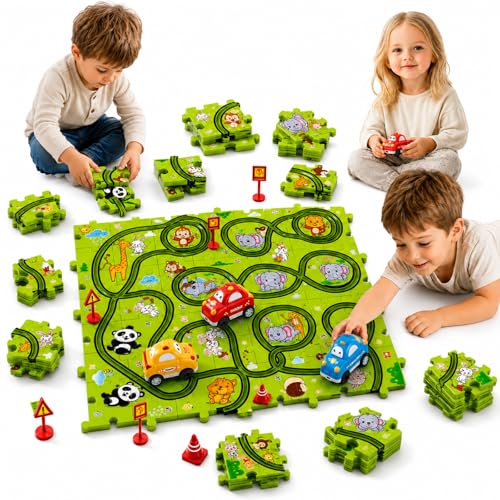 Beby Buty 64PCS Puzzle Race Track Car Set for Kids Boys, Floor Puzzle Tracks Car Toys for Boys Girls Ages 3-5 4-6, Toddler Toys Gifts for 3 4 5 Year Old, Ideal 3 4 5 6 Year Old Birthday Gifts - style: 64 PCS Animal Theme
