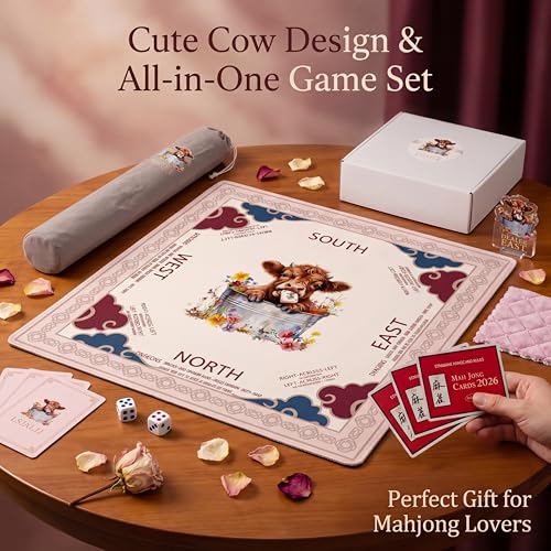 Pink Mahjong Mat with Carrying Bag and Accessories for Game Night | 32.68x32.68 inch, highland cow pattern, waterproof surface, non slip rubber base, noise dampening fabric, rules, dice - color: Pink