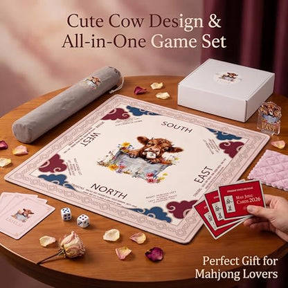 Pink Mahjong Mat with Carrying Bag and Accessories for Game Night | 32.68x32.68 inch, highland cow pattern, waterproof surface, non slip rubber base, noise dampening fabric, rules, dice - color: Pink