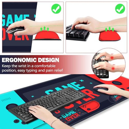 ARTSO Large Gaming Mouse Pad, Keyboard Wrist Rest Pad & Wrist Support Mousepad Set, Stitched Edge, Extended, Non-Slip Base, Memory Foam Desk Mat, Green Red Game Console - color: Green Red Game Console
