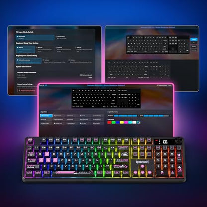 Redragon K526 PRO RGB Wireless Membrane Gaming Keyboard, 104 Keys Mechanical-Feel Keyboard w/LED Info Display, Media/Backlit Knob Control, Smooth Linear Switch & Software Supported - color: Black & Purple
