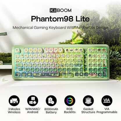 KiiBoom Phantom98 Lite 96% Wireless Mechanical Gaming Keyboard, VIA Programmable, Creamy Keyboard with Gasket, 8000mAh Battery, Hot Swap, RGB Backlits, NKRO for Win/Mac (Green, Mochi Switch) - color: Green, size: Mochi Switch