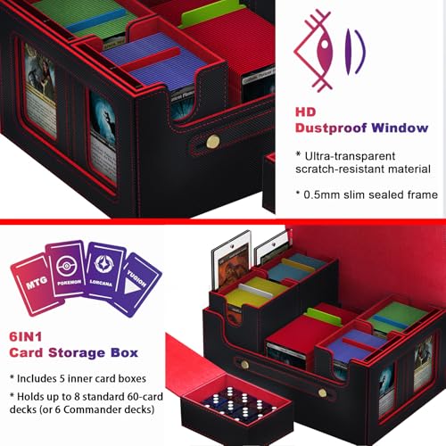 Commander Deck Box for MTG, 6-Deck Modular Card Case with Dice Tray Holds 600+ Double-sleeved Cards, Removable Trading Cards Storage Box with 35PT Magnetic Card Holders for TCG, Black Red - color: Black/Red