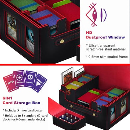 Commander Deck Box for MTG, 6-Deck Modular Card Case with Dice Tray Holds 600+ Double-sleeved Cards, Removable Trading Cards Storage Box with 35PT Magnetic Card Holders for TCG, Black Red - color: Black/Red