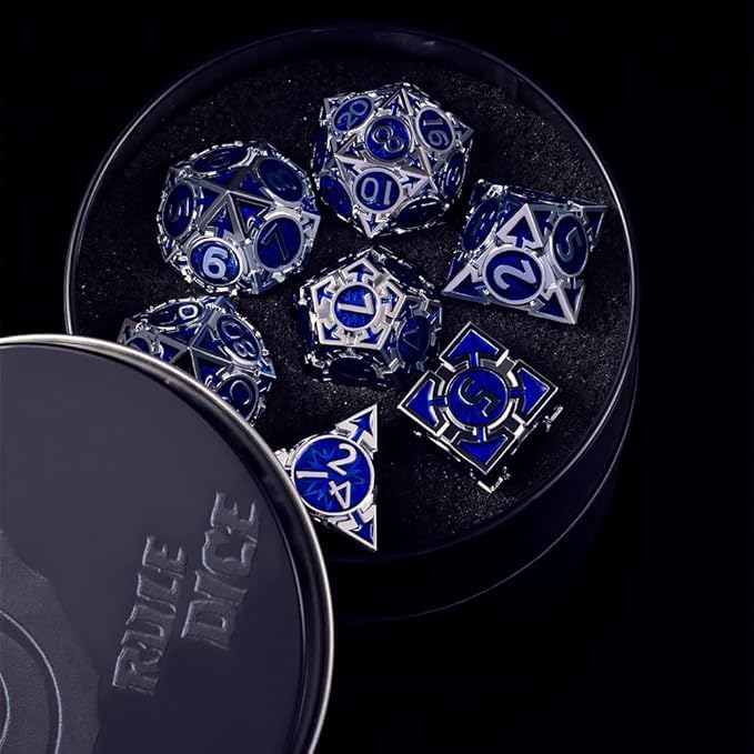 RULE DND Dice Set Metal Blue Solid Weighted D&D Dungeons & Dragons Polyhedral D20 D4 D12 D10 D% D8 D6 with Gift Box - color: Silver-dark Blue