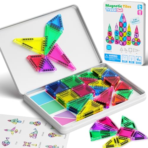 42PCS Mini Magnetic Tiles Travel Set with Iron Storage Box - Portable STEM Building Blocks for Kids 3-8, Montessori Educational Magnet Toys for Airplane, Car Rides & On-The-Go Play | Portable Montessori educational magnetic building tiles for airplane, ca