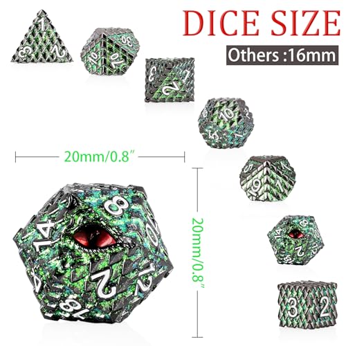 Metal Dice Set D&D,7 PCS Dragon Scale Metallic DND Dice Set,Dragon Eye Metal Dice with Grogeous Gift Case for Dungeons and Dragon Tabletop Game (Glitter Green Dragon Scale & Red Eye) - color: Glitter Green Dragon Scale & Red Eye