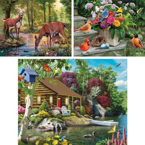 Bits and Pieces 3 Jigsaw Puzzle Set - 100 Piece Puzzles for Adults - Nature Scenes Set - 15" x 19" Jigsaw Puzzles - Birds Log Cabin Deer - Random Die Cut Pieces No 2 are Alike - size: Three 100 Piece Puzzles