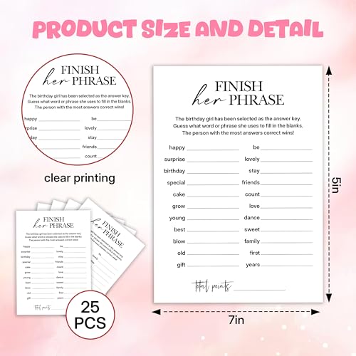 Birthday Party Games, Finish Her Phrase, 25 Pcs Card Set for Guests, Fun Birthday Game for Teen Adults – A01 - color: Finish Her Phrase