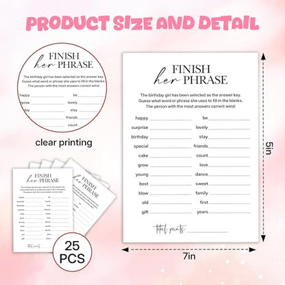 Birthday Party Games, Finish Her Phrase, 25 Pcs Card Set for Guests, Fun Birthday Game for Teen Adults – A01 - color: Finish Her Phrase