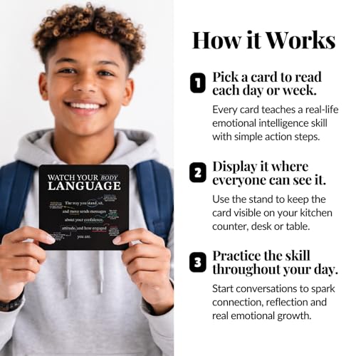 Emotional Intelligence Mindset Cards – 52 Daily Habits for Confidence, Connection & Social Skills – for Kids, Teens & Adults – Includes Wooden Display Stand – Gift for Teachers & Parents - style: Emotional Intelligence