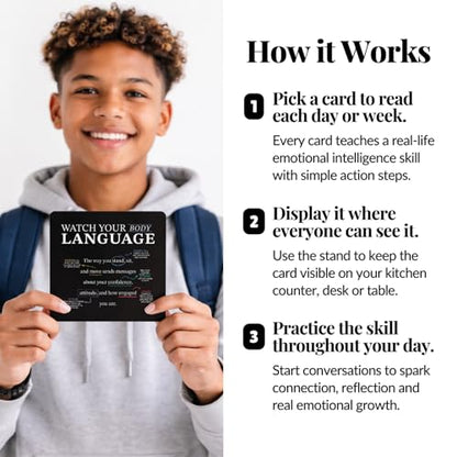 Emotional Intelligence Mindset Cards – 52 Daily Habits for Confidence, Connection & Social Skills – for Kids, Teens & Adults – Includes Wooden Display Stand – Gift for Teachers & Parents - style: Emotional Intelligence