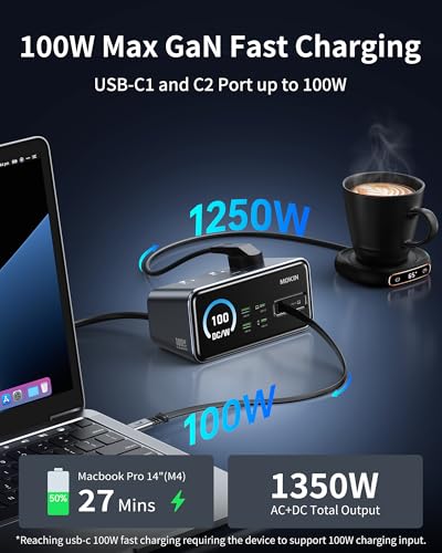 MOKiN 100W Max Charging Station with Retractable Cord, 8-in-1 Power Strip | 3 AC, 3 USB C, 3 USB A Charging Station for Multiple Devices, Desk Accessories GaN Charger for iPhone, iPad, MacBook, Galaxy