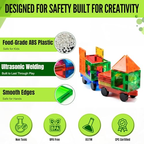 Magnetic Tiles Set 180 PCS with 2 Cars Bases, STEM Educational Magnet Toys for Kids Ages 3-12, Magnetics for Kids & Preschool, Creative Magnetic Building Toys for Boys & Girls - style: 180 Pieces