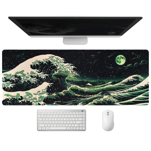 Extended Japanese Great Wave Desk Mat, XL Large Gaming Mouse Pad, Moonlit Ocean Stitched Edges Waterproof with Non-Slip Rubber Base for Computer Keyboard Laptop Work Home Office 31.5"x11.8" - color: Japanese Great Wave, size: 31.5" x 11.8"