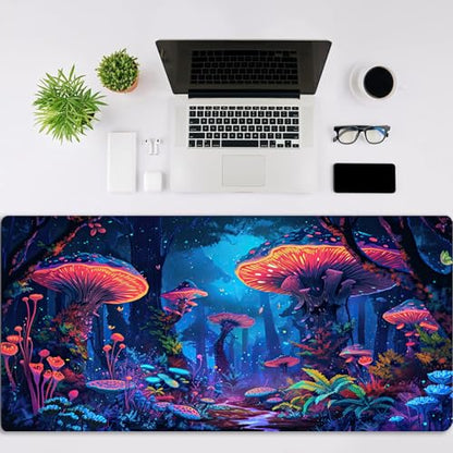 Simpkeely Fantasy Mushroom Mouse Pad, Blacklight Gaming Forest Waterproof Extended Large Desk Pad UV Long Computer Keyboard Big Mouse Mat with 3mm Non-Slip Rubber Base for Office Home - 31.5" x 11.8" - color: Mushroom Forest