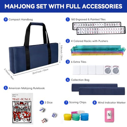 American Mahjong Tile Set, American Mahjong Set Complete with Bag, 166 White Tiles with Bag and Accessories, 4 All-in-One Mahjong Racks with Pushers, Travel Vita Mahjong Tile Game Set
