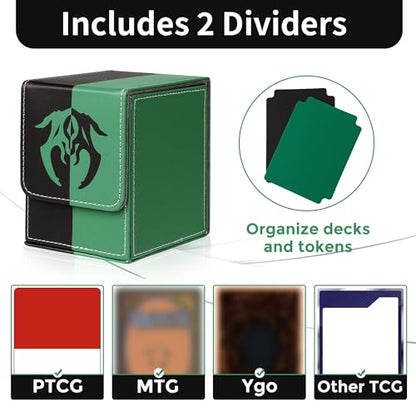 Card Deck Box with 2 Dividers, MTG Commander Deck Box Holds 100+ Double-Sleeved Cards, Leather Magnetic Deck Case Compatible with Magic TCG CCG Cards, Black/Green - color: 1. Black & Green, size: 100 Double-sleeved Cards Vertical