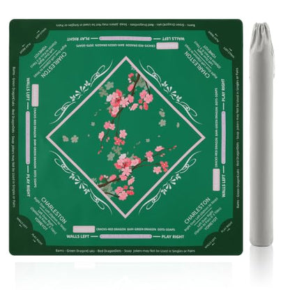 American Mahjong Mat Dark Green Plum Blossoms Design | 31.5" x 31.5" Mahjong Table Mat Non Slip Backing Smooth Surface with Velvet Bag Storage for Mahjong Tiles Player - color: Dark Green Plum Blossoms