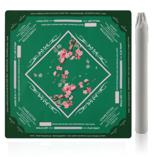 American Mahjong Mat Dark Green Plum Blossoms Design | 31.5" x 31.5" Mahjong Table Mat Non Slip Backing Smooth Surface with Velvet Bag Storage for Mahjong Tiles Player - color: Dark Green Plum Blossoms