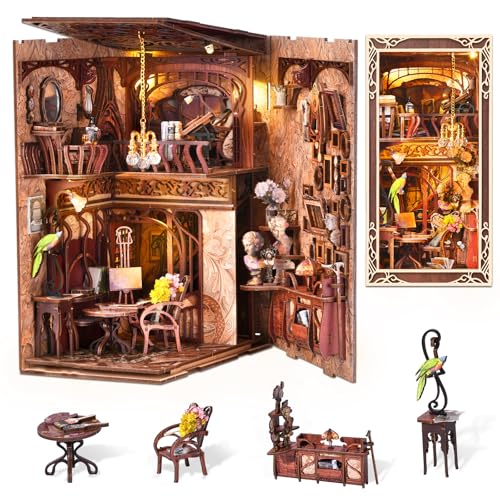 MiniCity Painter at Dusk Book Nook Kit, 3D Wooden Bookshelf Puzzle with LED | 7.1 x 4.3 x 9.1 in; 267-piece DIY kit with LED and dust cover; glue/tools included; 6-8 hr build for shelf display, ages 14+. - style: Painter's Day at Dusk