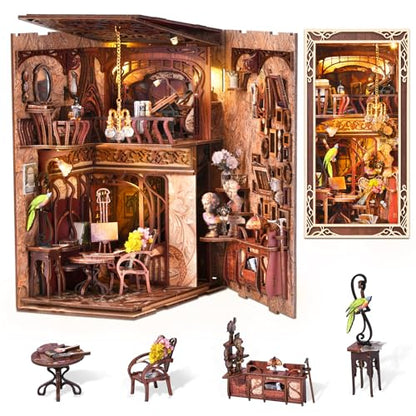 MiniCity Painter at Dusk Book Nook Kit, 3D Wooden Bookshelf Puzzle with LED | 7.1 x 4.3 x 9.1 in; 267-piece DIY kit with LED and dust cover; glue/tools included; 6-8 hr build for shelf display, ages 14+. - style: Painter's Day at Dusk