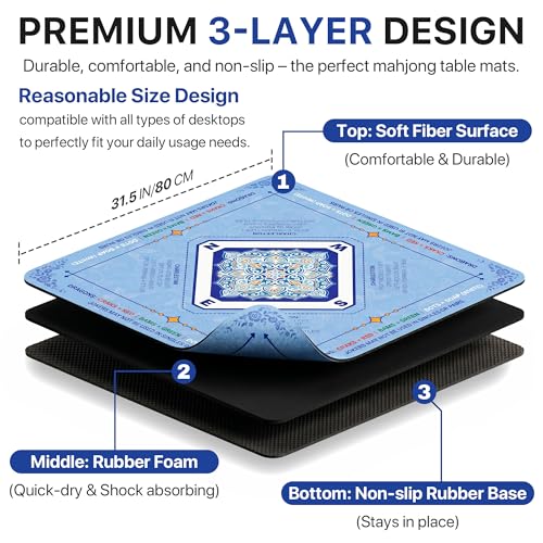 Mahjong Mat 31.5x31.5 inches – Quiet, Foldable Table Mat for Mahjong, Card Games & Board Games, 3-Layer Noise-Reducing Design, Waterproof & Easy-Clean, Includes Storage Bag (Blue - Regular) - color: Blue - Regular