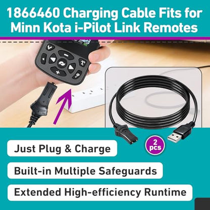 2 Pcs 1866460 Charging Cable Compatible with Minn Kota i-Pilot Remote | Including Bluetooth-Enabled and Legacy Models, Reliable Replacement Power Cord for Quick and Safe Charging