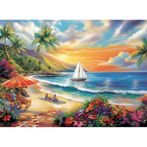 300 Pieces Puzzles for Adults, Summer Beach Jigsaw Puzzles 300 Pieces Puzzles for Adults Kids, Colorful Sunset Boat Jigsaw Puzzles, Birthday and Holiday Challenging Gift Toy 20.5x15 in - style: Summer Beach