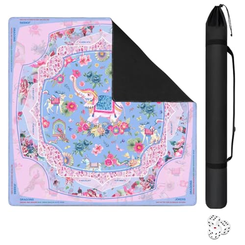 Mahjong Mat for Table with Carrying Bag & 3 Dice, Elephant Pink 31.5"x31.5" Square Rubber Mahjong Table Cover, Non-Slip & Noise Reduction Gaming Mat for Mah Jongg, Poker, Dominoes & Tile Games - color: Pink Blue Purple