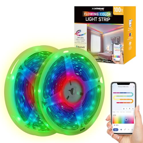 Xtreme RGB+IC LED Light Strip, 100’ Foot Indoor Sound Reactive Multi Color Chasing LED Light Strip, Bluetooth App Control, Sound Reactive Gaming Lights, 540 RGB+IC LED Lights, 24V Plug-in Light Strip - size: 100 Foot