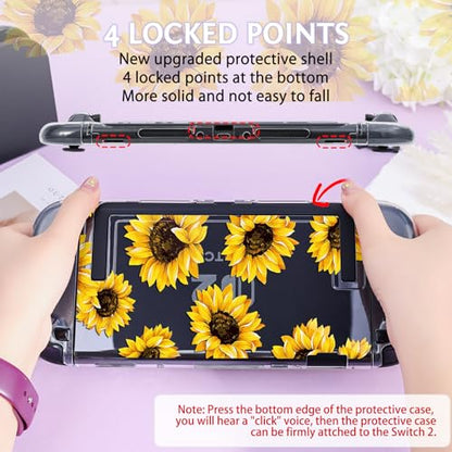 DLseego Protective Case Flower Floral Clear Switch 2 (2025), Detachable Joy-Handle Protective Case 2-Piece Split Full Wrap PC Hard Shell Anti-Scratch All-Round Protection Cover, Sunflower, Yellow - color: Yellow