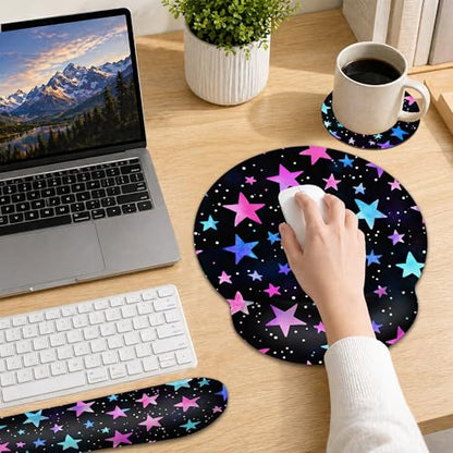Wrist Rest Mouse Pad and Keyboard Support Set,Pink Stars 3 in 1 Ergonomic Memory Foam Mousepad with Non Slip Base, Gaming Mouse Pad for Office and Home - color: Pink Stars