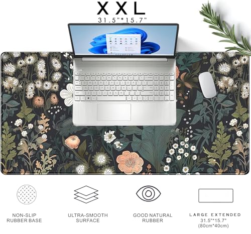 Dark Flower Desk Mat Floral Plants Mouse Pad Boho Aesthetic Wildflowers Large Gaming Mousepad Desk Pad, XXL Keyboard Mouse Mat Full Desktop Mat Women Office Desk Accessories 31.5"x15.7" - color: A5- Dark Flowers