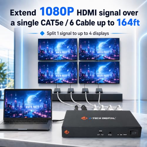 J-Tech Digital 1080P 60Hz HDMI Extender Splitter Over Single Cat5e/6 Ethernet Cable 1 in 4 Out Up to 164ft. Features Local HDMI Loop-Out, PoC, IR Control, Audio EDID Switch - size: 1x4