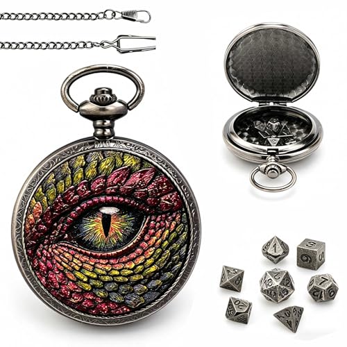 DragonSword D&D Dice Set with Pocket Watch Case, 7PCS Metal Dice Set for DND, Mini Dice with Gifts Case, Role Playing Board Games Accessories Gifts (Dragon Eye) - color: Dragon Eye