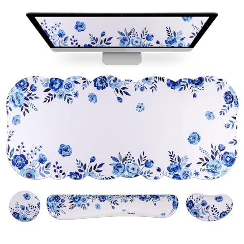 Petmolico Desk Pad Set with Wrist Rest for Keyboard & Mouse, Blue Flower | Anti-slip PU base, durable Lycra & memory foam, relieves wrist fatigue, perfect for work, home & daily use - color: Blue&white