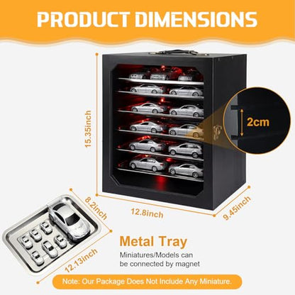 AceOrbit Miniature Storage Carrying Case for Collectibles with LED Light Strip, 6 Trays and Lock Wooden Miniatures Display Case Transport Shelves with Handle for Action Figure Model Collectibles Black