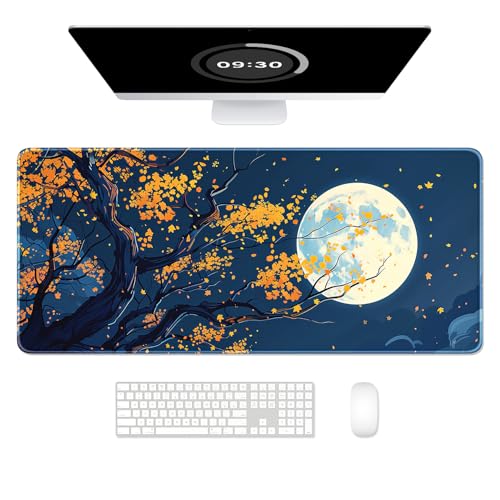 Auhoahsil Large Gaming Mouse Pad, Nature Theme XXL 35.4 x 15.7 in Desk Pad Stitched Non-Slip Rubber Long Computer Mousepad Thin Extended Full Size Desk Mat for Desktop Laptop Wireless Mice, Maple - color: 29 Maple Moon, size: 35.5L x 15.7W inches