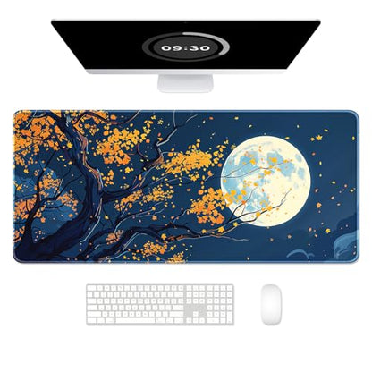 Auhoahsil Large Gaming Mouse Pad, Nature Theme XXL 35.4 x 15.7 in Desk Pad Stitched Non-Slip Rubber Long Computer Mousepad Thin Extended Full Size Desk Mat for Desktop Laptop Wireless Mice, Maple - color: 29 Maple Moon, size: 35.5L x 15.7W inches