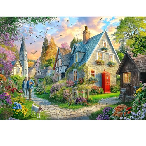 Cottage Village Church 1000 Piece Jigsaw Puzzle for Adults Countryside Scene Puzzle Challenging Beautiful Country Garden Landscape Family Puzzle Perfect for Game Nights (27.55 x 19.68) - color: Cottage Village-colorful
